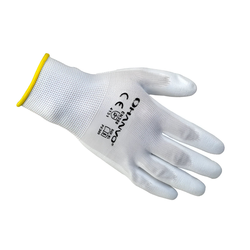 White PU coated labour gloves showing L and M size options with 24cm length measurement