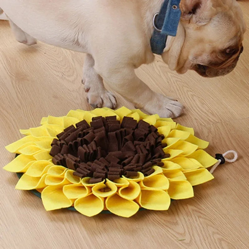 Yellow sunflower-shaped dog snuffle mat with fleece folds for hiding treats.