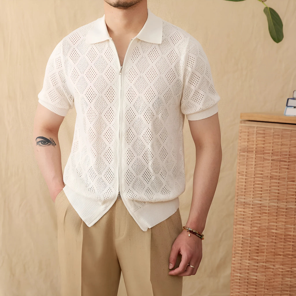 Cotton short sleeve lapel cardigan with zipper front in light brown colour