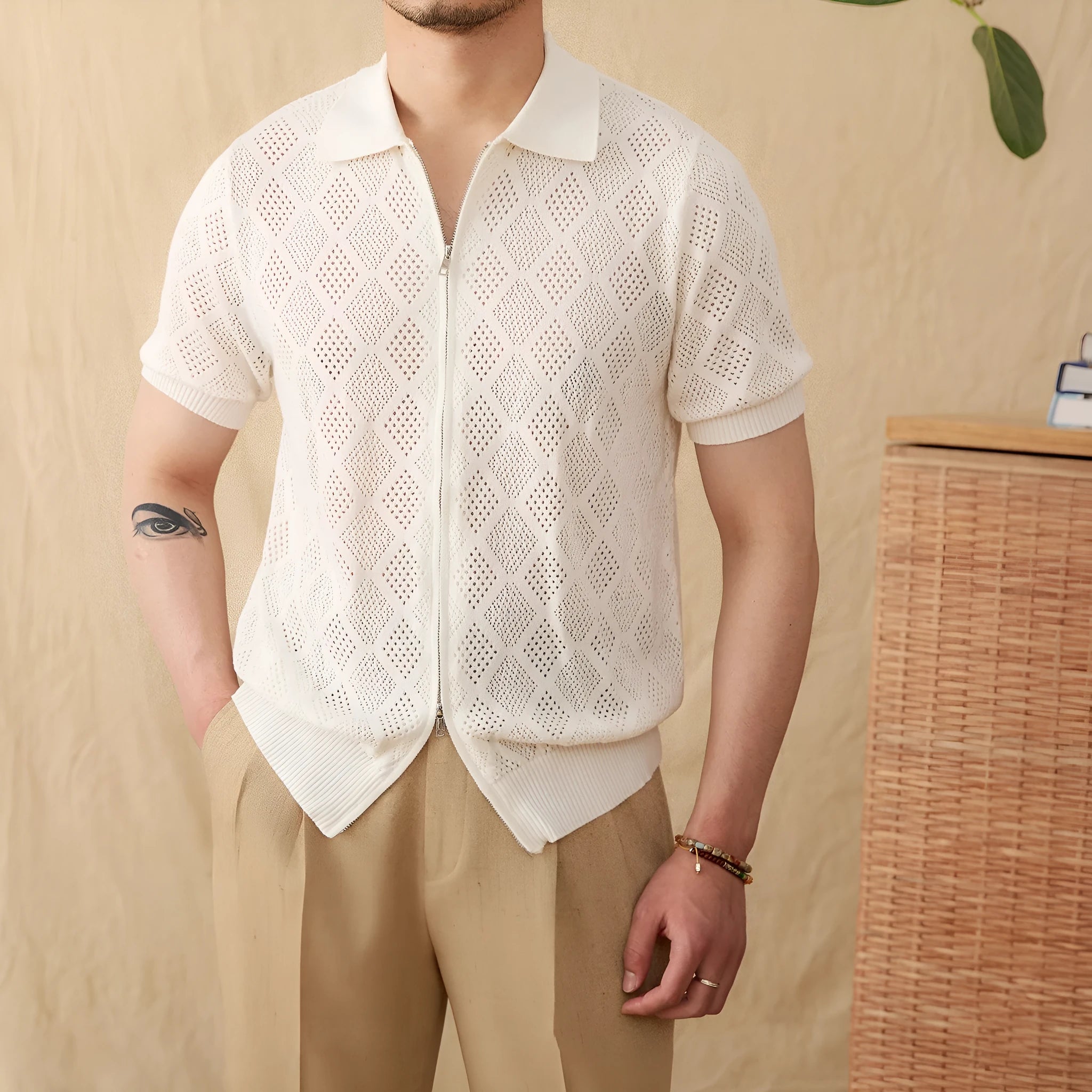 Cotton short sleeve lapel cardigan with zipper front in light brown colour