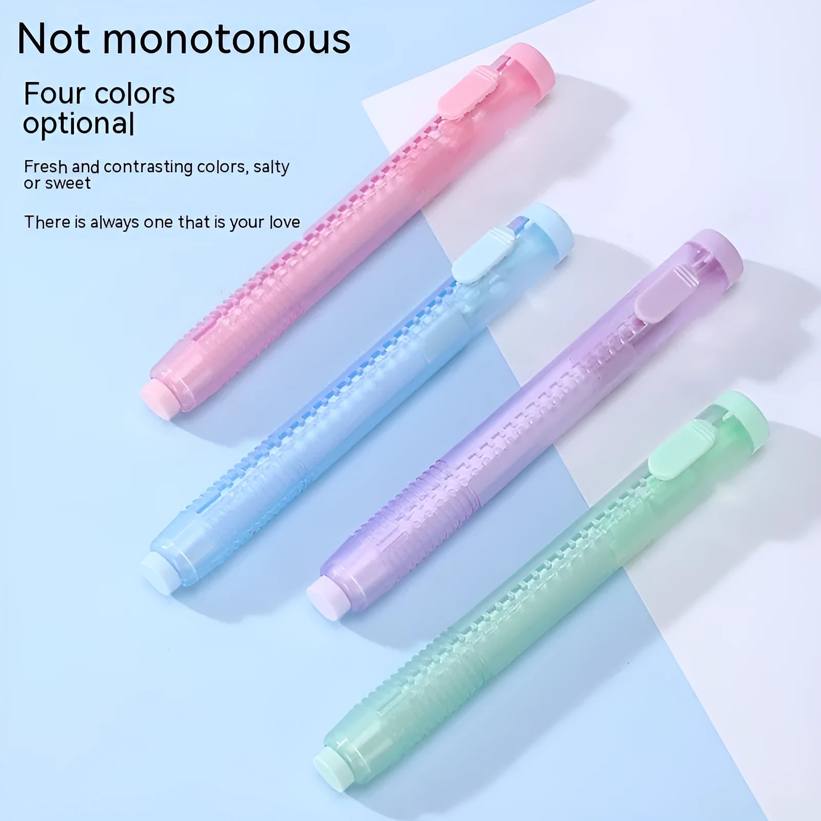 Push type automatic eraser in blue, green, pink, and purple colours for children's stationery