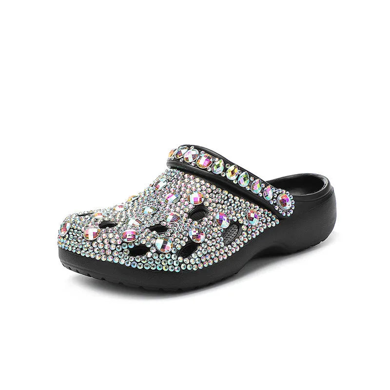 Black women's platform sandals with rhinestone decoration and perforated hole design