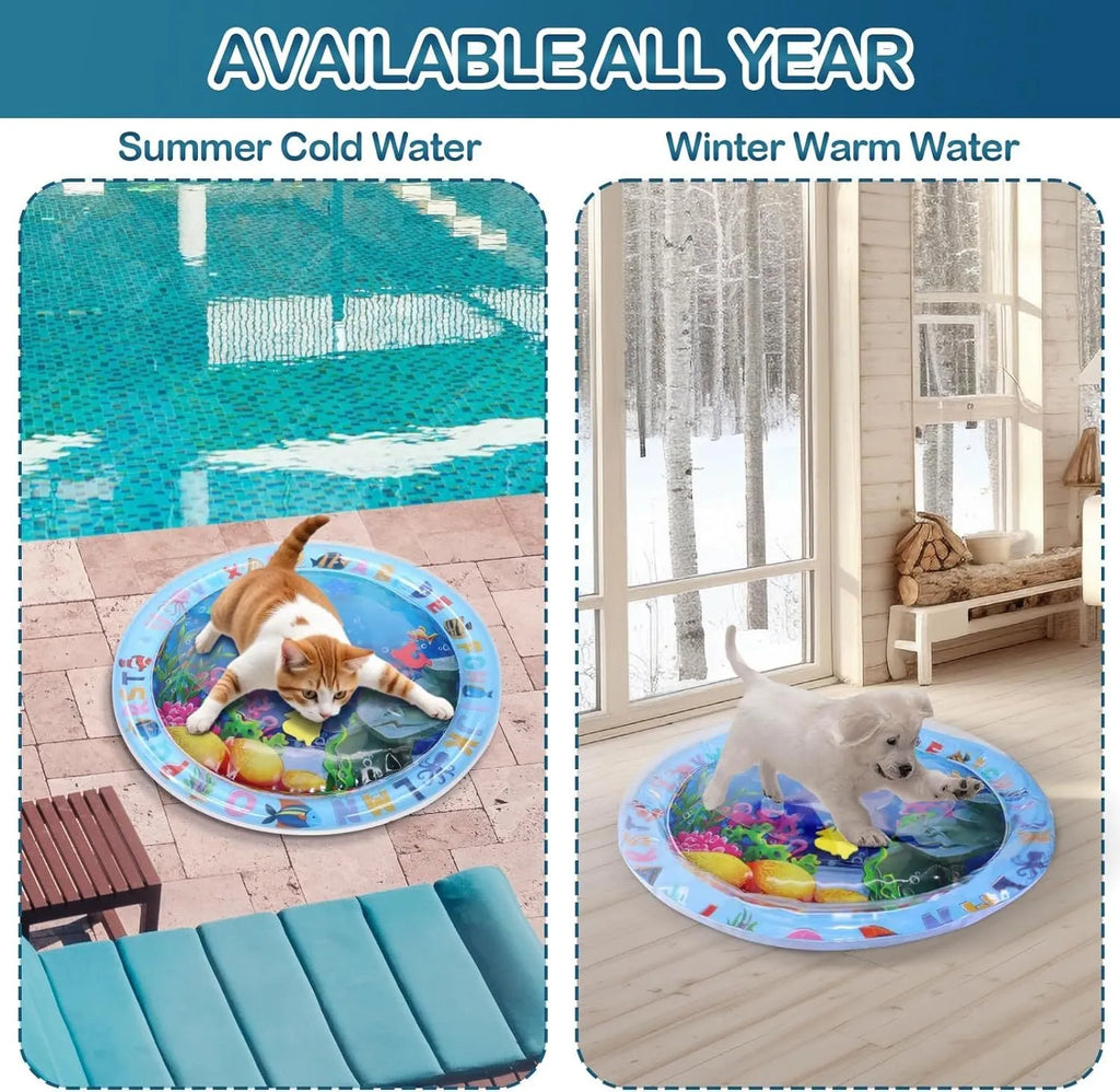 Square cat water playmat with ocean fish design and floating toys on blue PVC surface