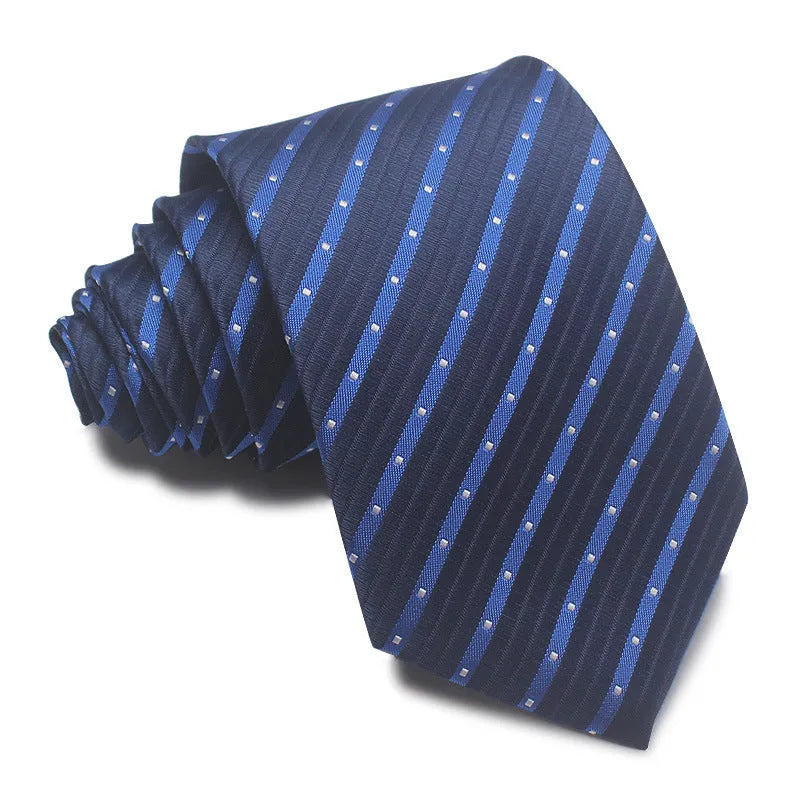 Close-up of a red, black, and blue striped men's formal tie with a textured Jacquard weave.