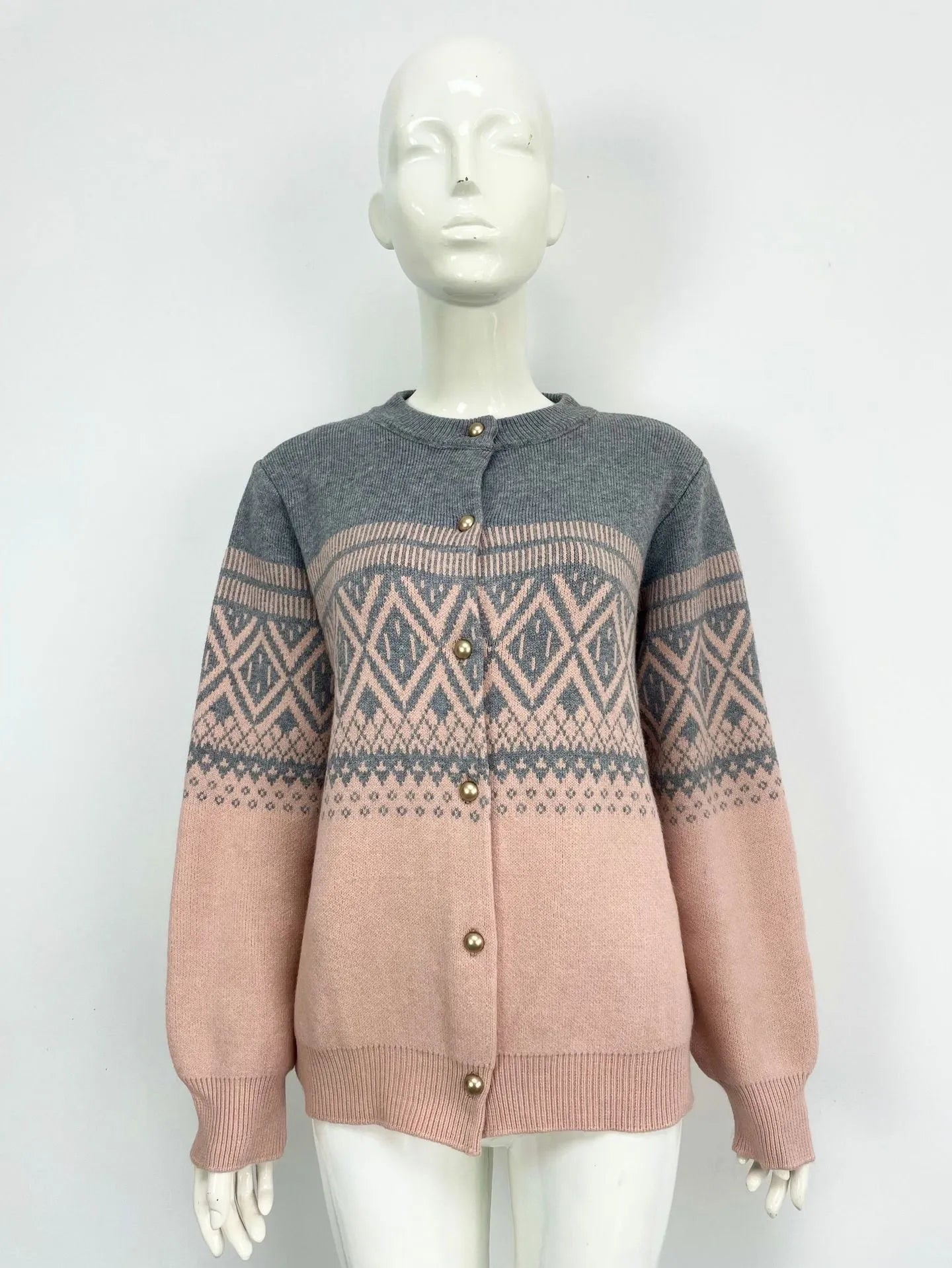 Women's red alpaca wool diamond knit cardigan with contrast colour long sleeves