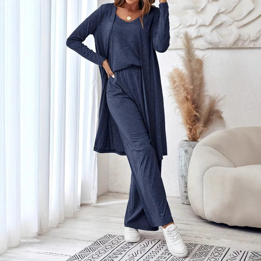 Blue polyester women's three-piece casual suit set with sling top, cardigan, trousers, and suspenders