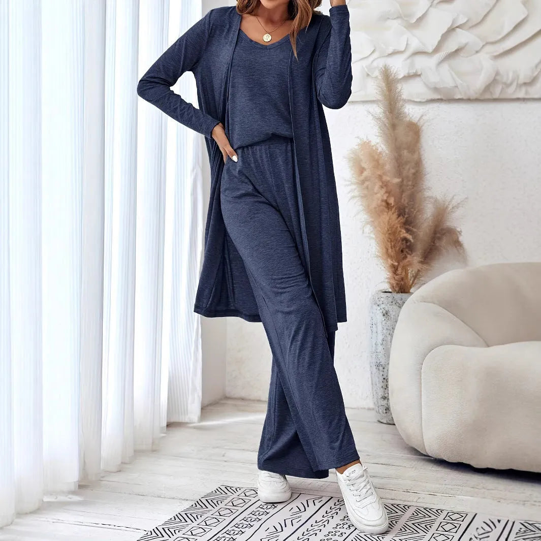 Blue polyester women's three-piece casual suit set with sling top, cardigan, trousers, and suspenders
