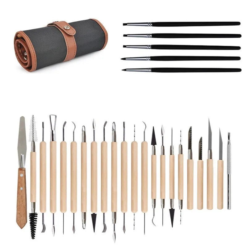 27-piece pottery clay tool set with stainless steel, wood, and plastic tools in roll-up storage bag