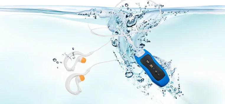 IPX68 waterproof Bluetooth mini MP3 sports headset in colours: black, blue, green, orange, pink, white.
