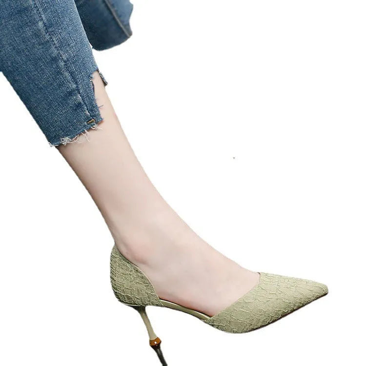 Women's black pointed stiletto high heels with 6-8cm heel and PU leather upper