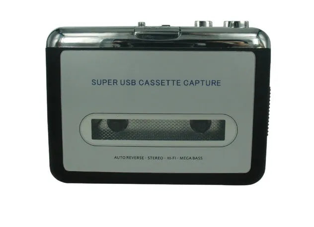 Black USB cassette to MP3 converter device with 80cm cable and headphones for digitising tapes to computer