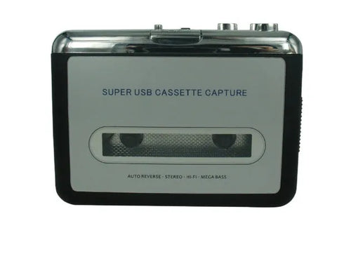 Black USB cassette to MP3 converter device with 80cm cable and headphones for digitising tapes to computer