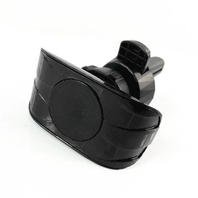 A matte black universal car phone holder mounted on a car air vent, showing the adjustable arm and phone grip.
