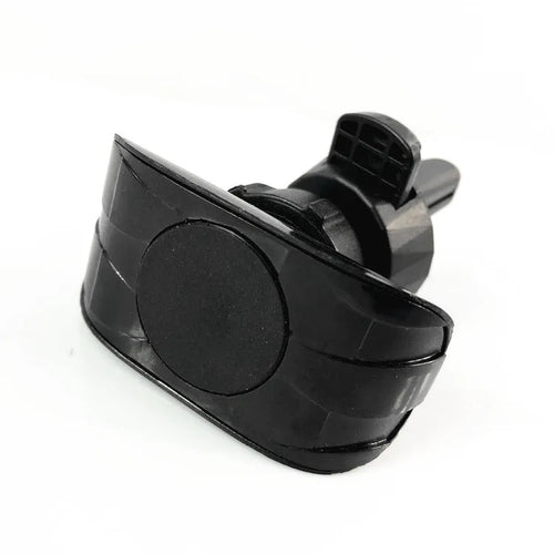 A matte black universal car phone holder mounted on a car air vent, showing the adjustable arm and phone grip.