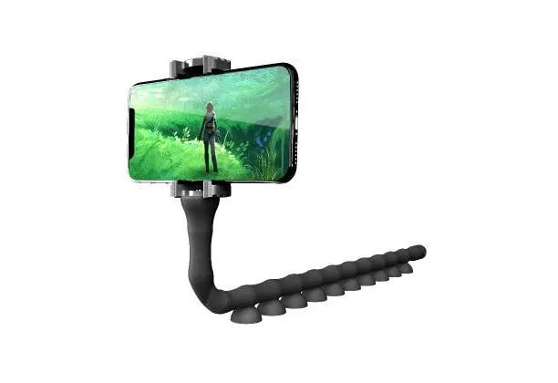 Flexible worm design mobile phone holder with suction cup mounted on desktop showing 360-degree rotation
