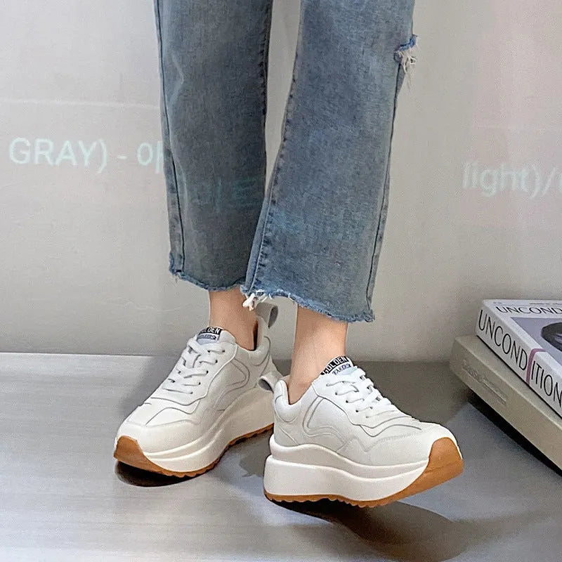 Beige women's cattlehide leather casual sports shoes with cross strap and English muffin heel