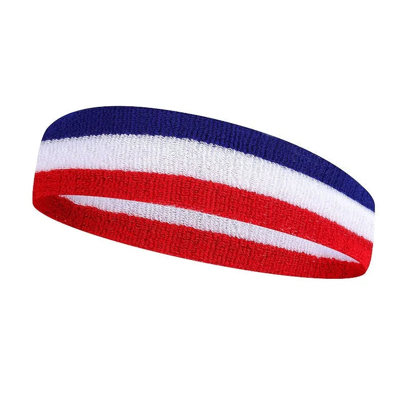 Multi-colour striped sports headband for adults shown in a 5.5 by 20 cm size.