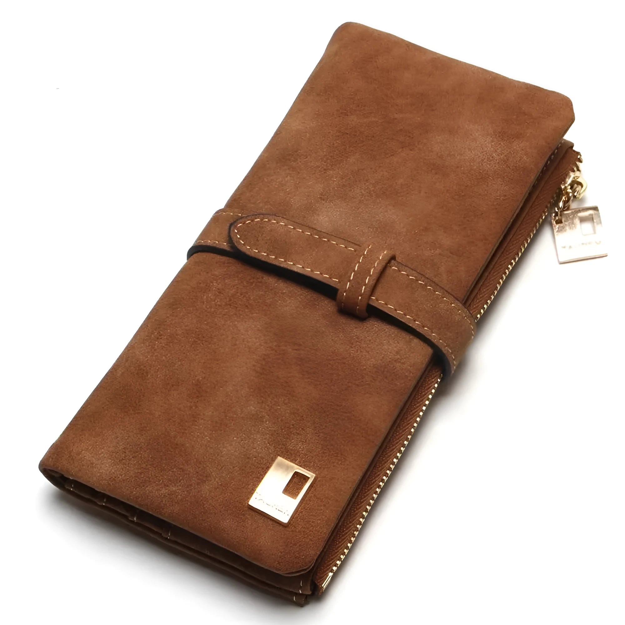 Vertical women's long wallet in retro matte Pu leather with zip closure showing interior card slots and phone pocket