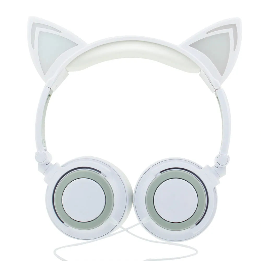 LED illuminated black cat ear headphones with soft PU earcups and a 1.5m cable showing pink and blue lighting
