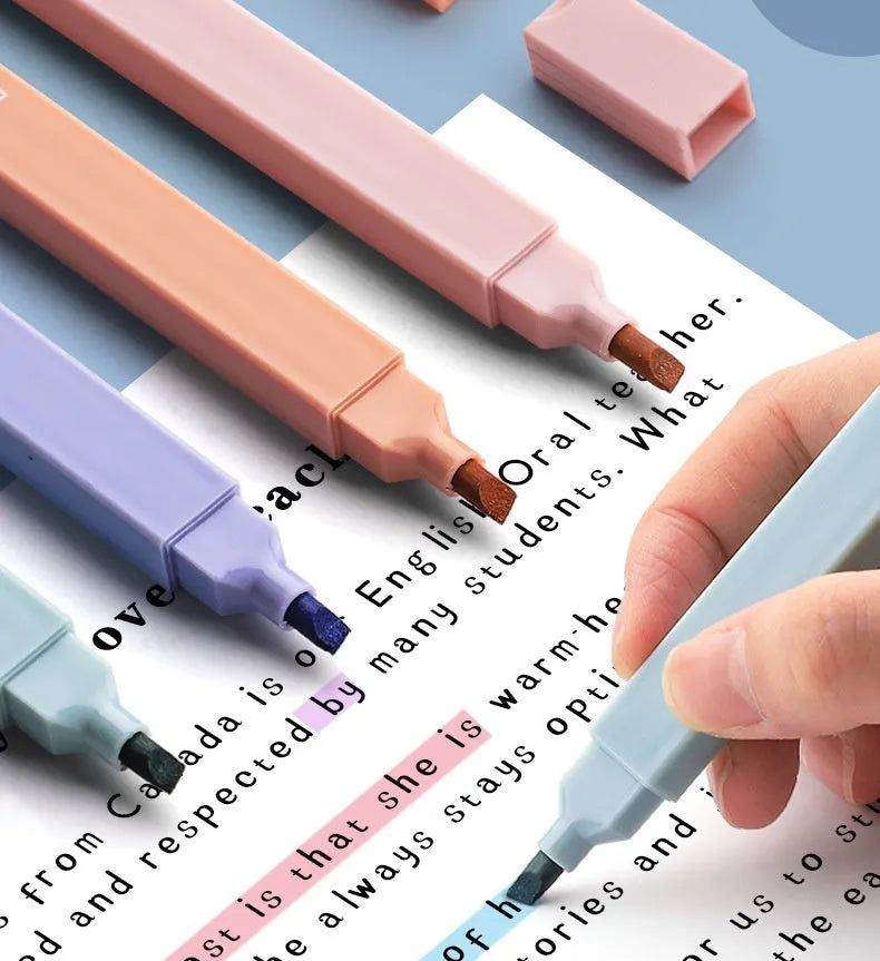 Double-headed fluorescent marking pens showing two different coloured tips on each pen