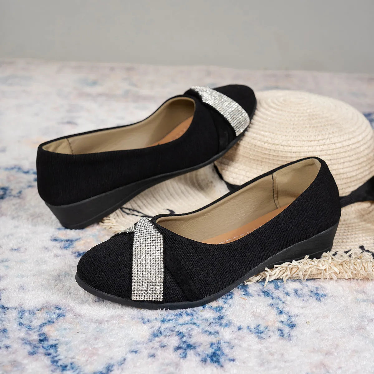 Black women's slip-on shoes with rhinestone decoration and chunky heel