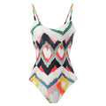 Female two-piece swimsuit with hip skirt in striped pattern, quick-dry polyester fabric