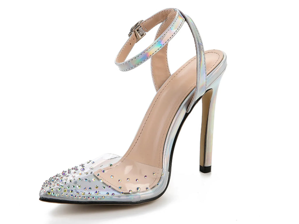 Women's pointed diamond sandals with stiletto heels and strappy PVC construction