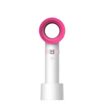 A portable bladeless desk fan with a modern design, shown on its base with a USB cable, available in multiple colours.