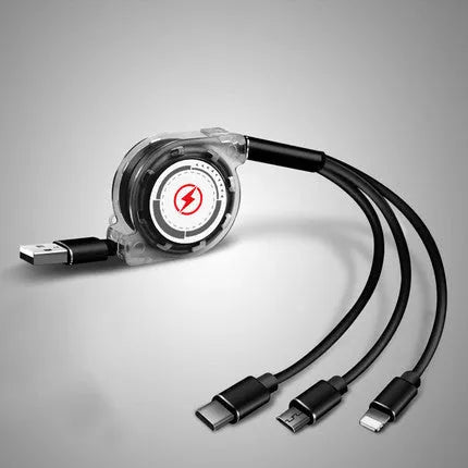 Telescopic charging cable extended to 120cm with 3-in-1 connectors in choice of colours