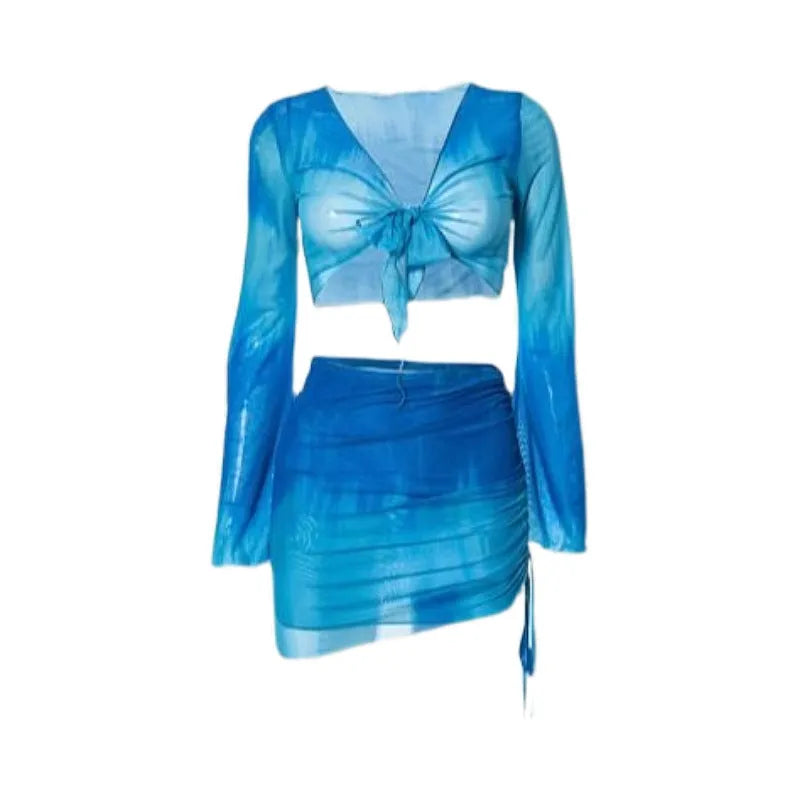 Women's four-piece high waist bikini set in blue and pink with skirt and backless top