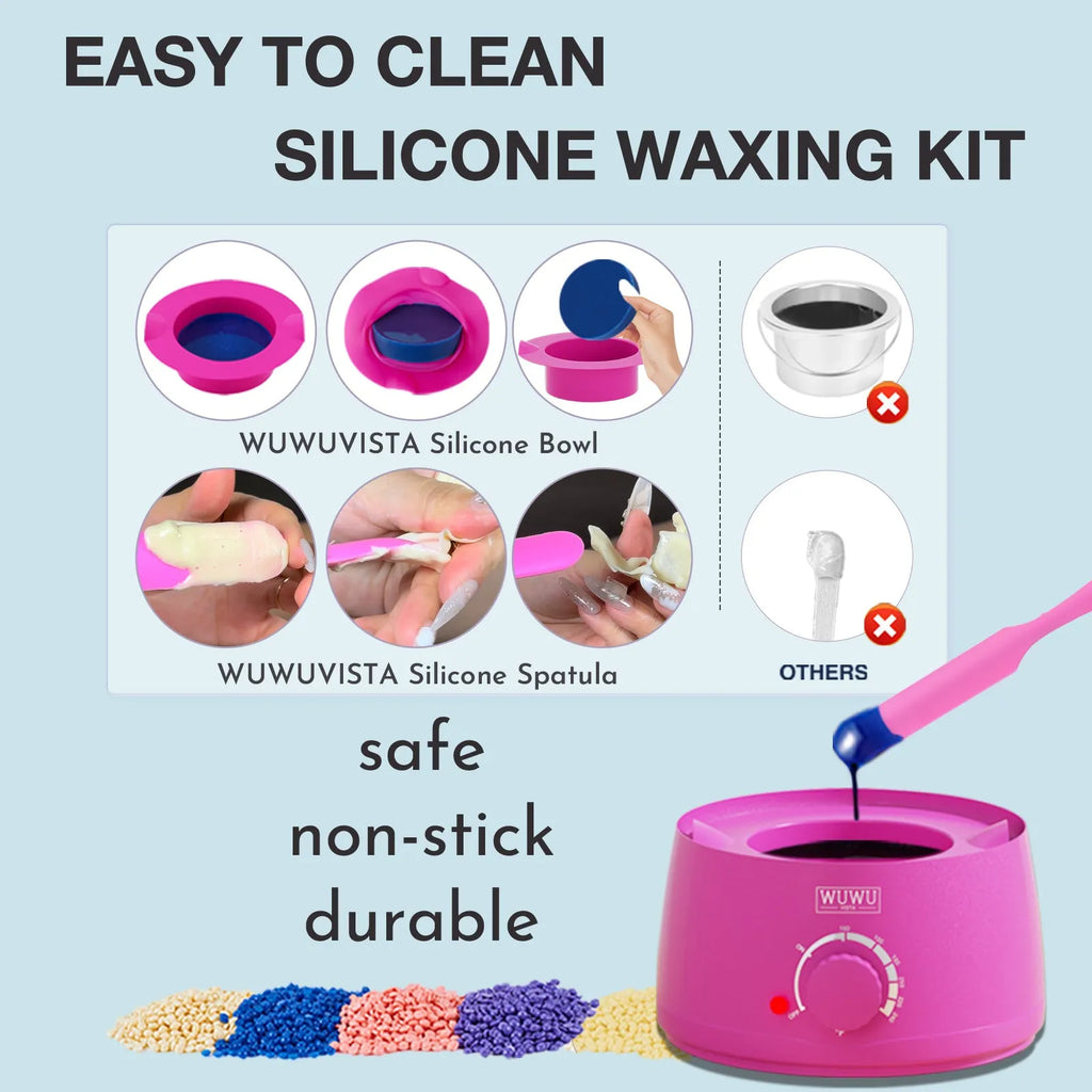 WUWUVISTA 63-piece hard wax hair removal kit with pink wax warmer, wax beans, and silicone tools