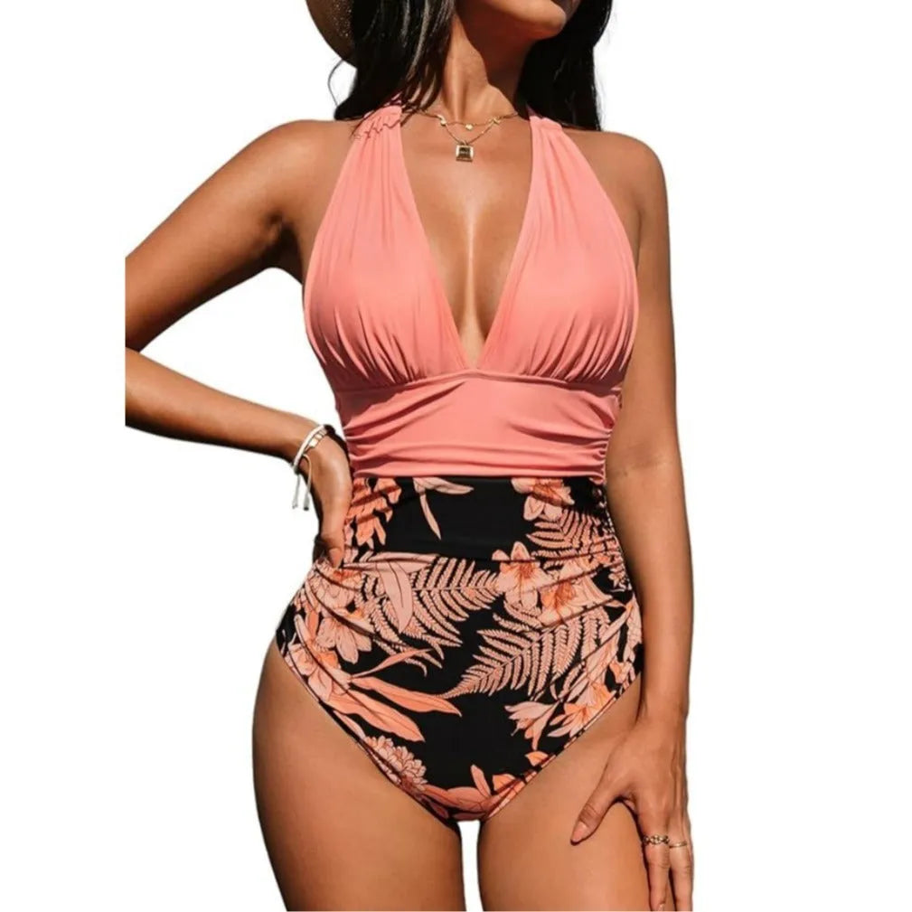 Women's halter neck one-piece swimsuit in quick-dry polyester with backless design