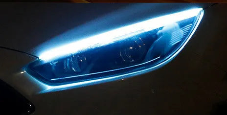 Flexible silicone car LED daytime running light strip with flowing turn signal animation, shown in multiple colours.