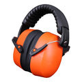 Orange adjustable noise-cancelling headphones and protective earmuffs with breathable fabric cushions.