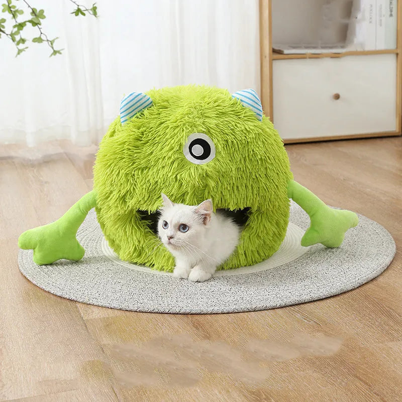Fluffy round cat bed with plush cushion in three size options for indoor cats
