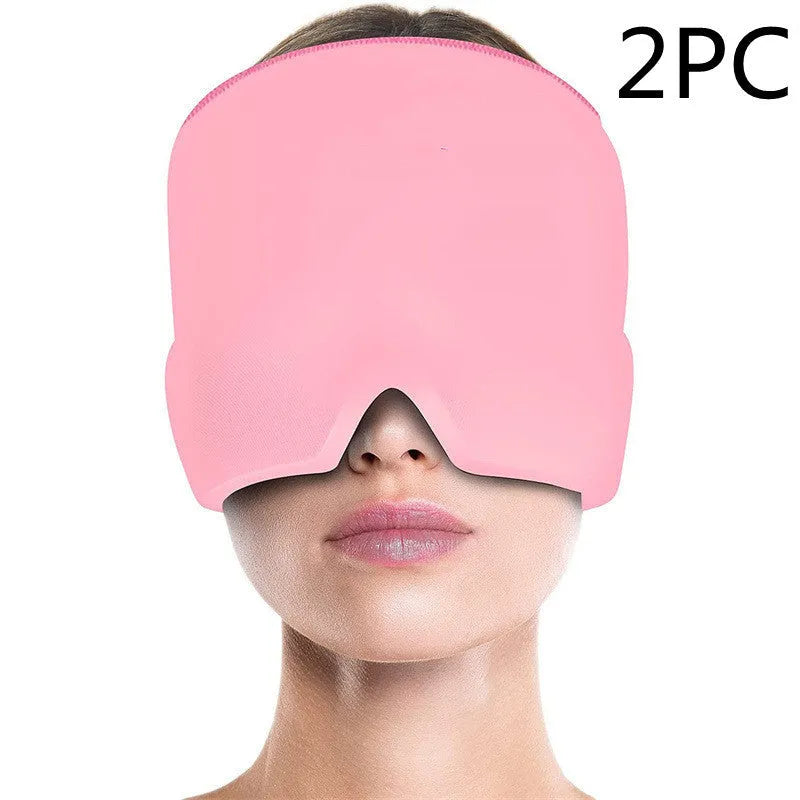 Black adjustable cold compress gel eye mask for headache relief on a plain background.