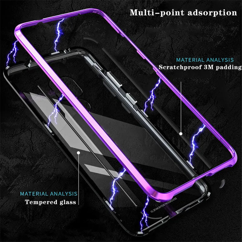 Metal magnetic phone case with tempered glass back showing phone design, available in black, blue, red, white