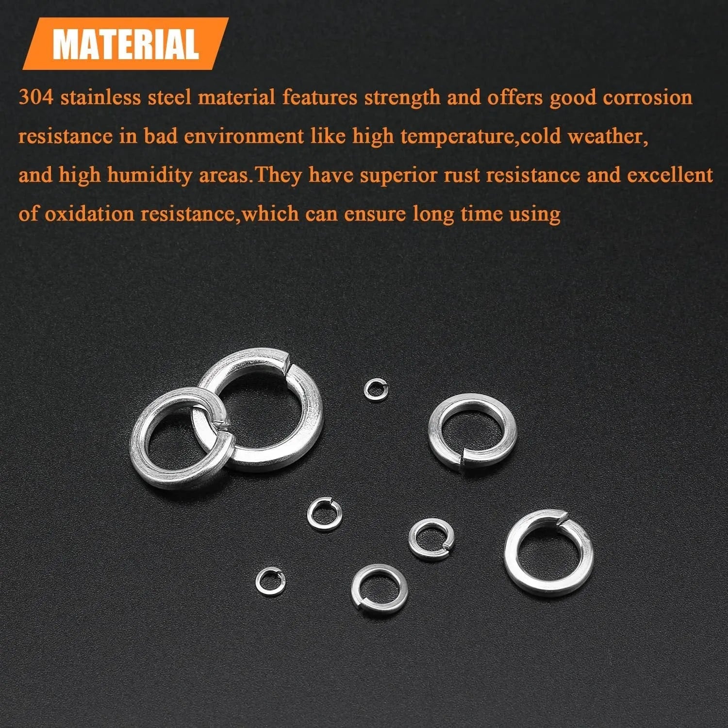 Open box showing assortment of 304 stainless steel spring lock and flat washers in various sizes.