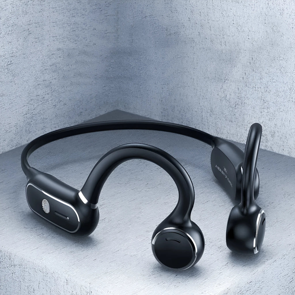 Black air conduction wireless earphones with a titanium alloy hook frame displayed on a white background.