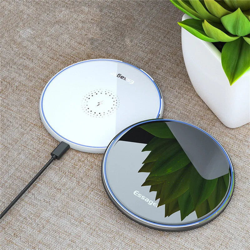 Black or white aluminium alloy Qi wireless charging pad with LED light, 10.1 cm by 7 cm