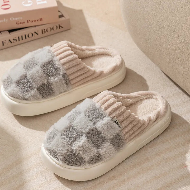Plaid plush indoor slippers for women in five colours with thick lining and non-slip PVC sole