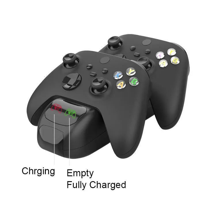 Black Xbox Series X dual controller charging dock with LED lights and two rechargeable battery packs