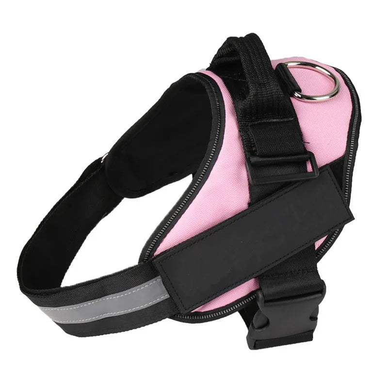 Adjustable reflective dog harness with handle and D-ring on blue background showing size chart