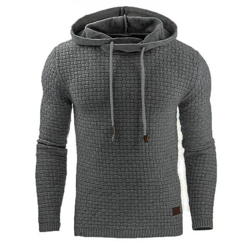 Men's black cotton-polyester blend hooded sweatshirt laid flat, showing front design and hood.