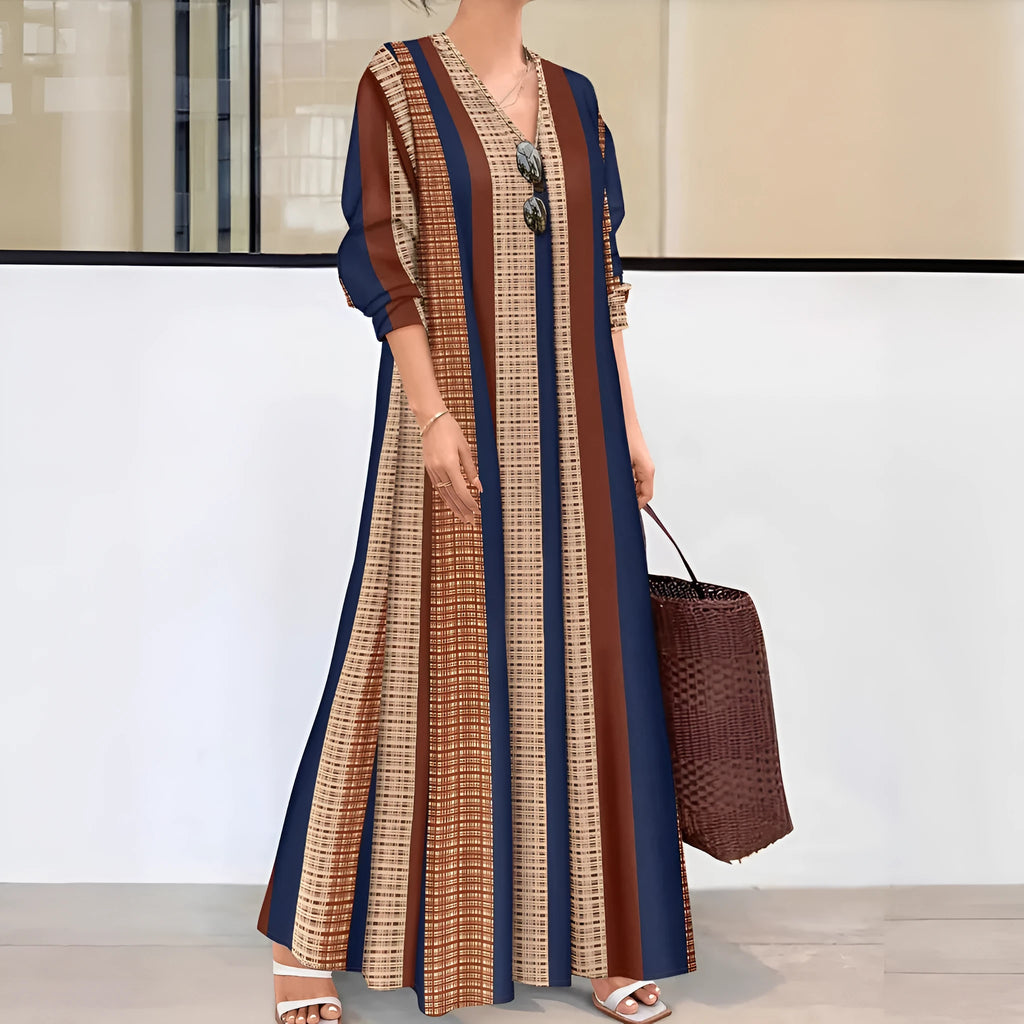 Camel-colour vertical striped V-neck women's dress with long sleeves and A-line skirt