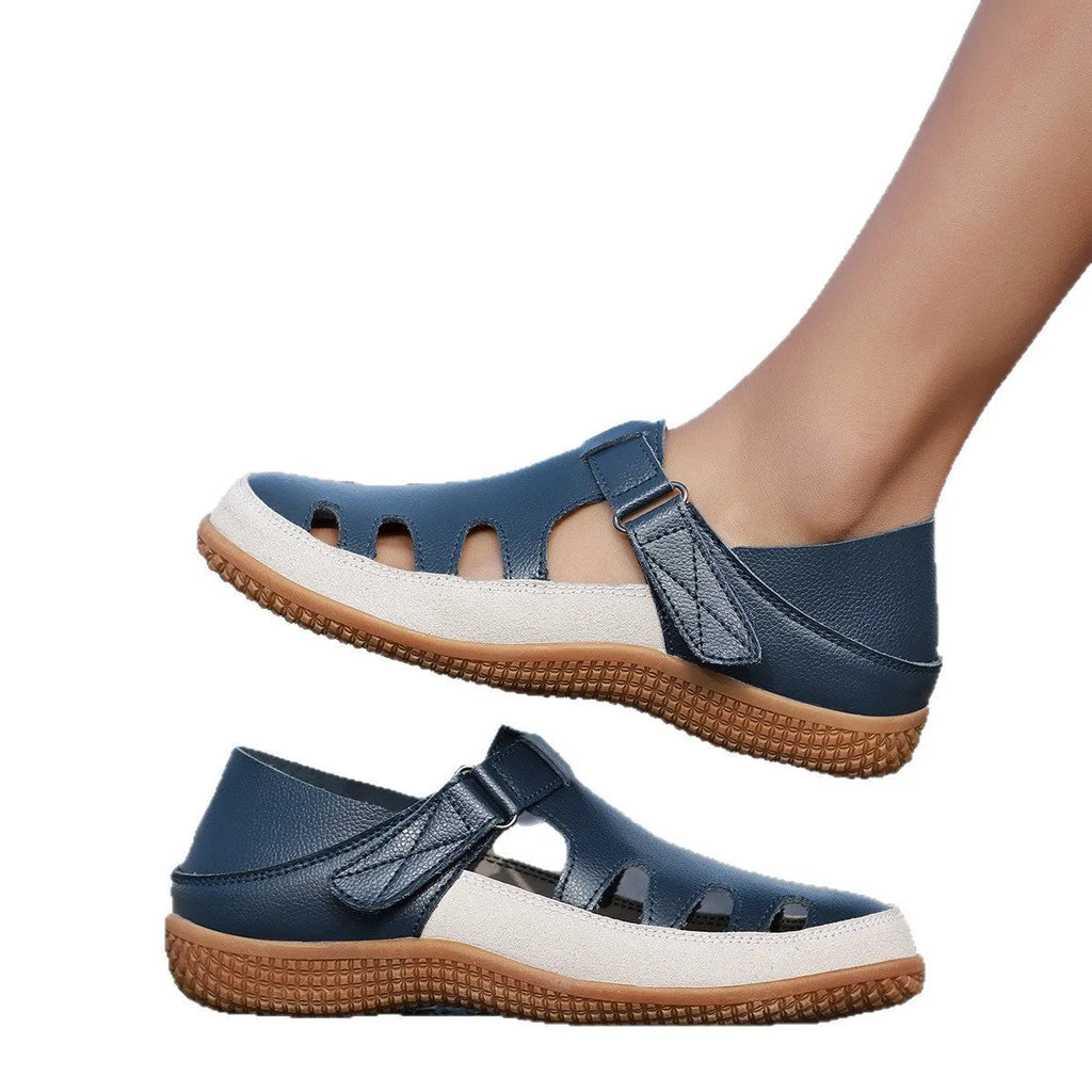 Plus size women's flat sandals with toe cap and hollow breathable design in blue, red, or white.