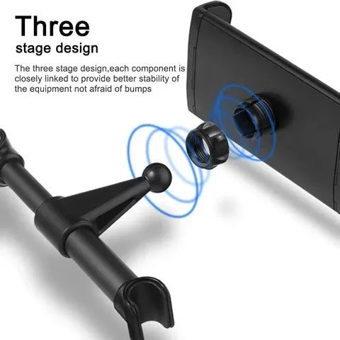 Black car phone holder mounted on vehicle rear seat base holding tablet for navigation