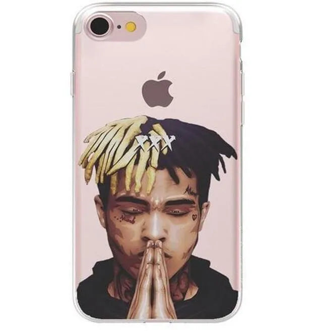 Transparent matte iPhone case featuring an Xxxtentacion graphic design, showing half-wrapped sides.