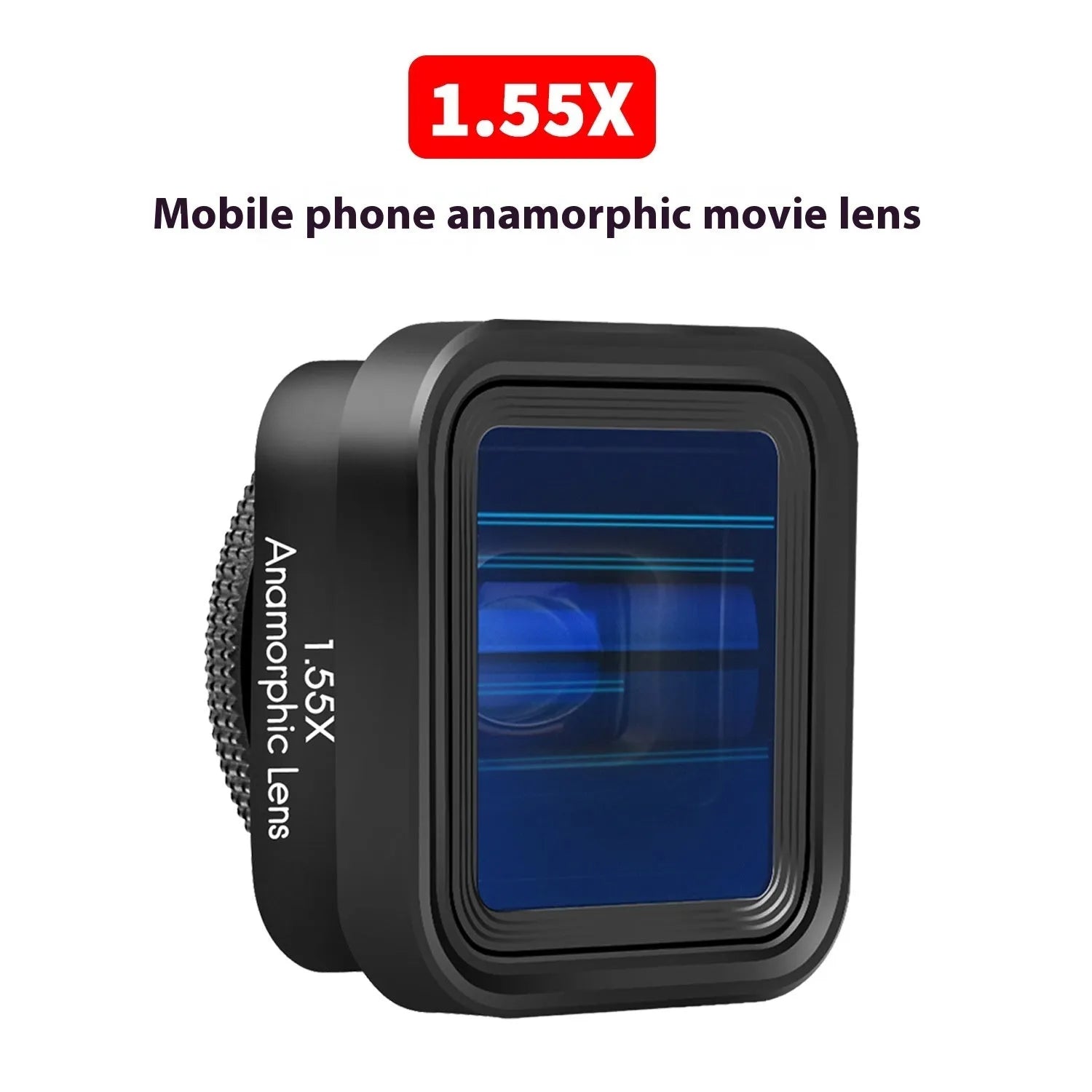 Black mobile phone anamorphic lens with 1.33x magnification for cinematic widescreen video