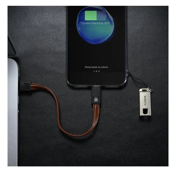 20cm leather USB-C to Lightning charging cable for iPhone in red, black or brown with zinc alloy connectors